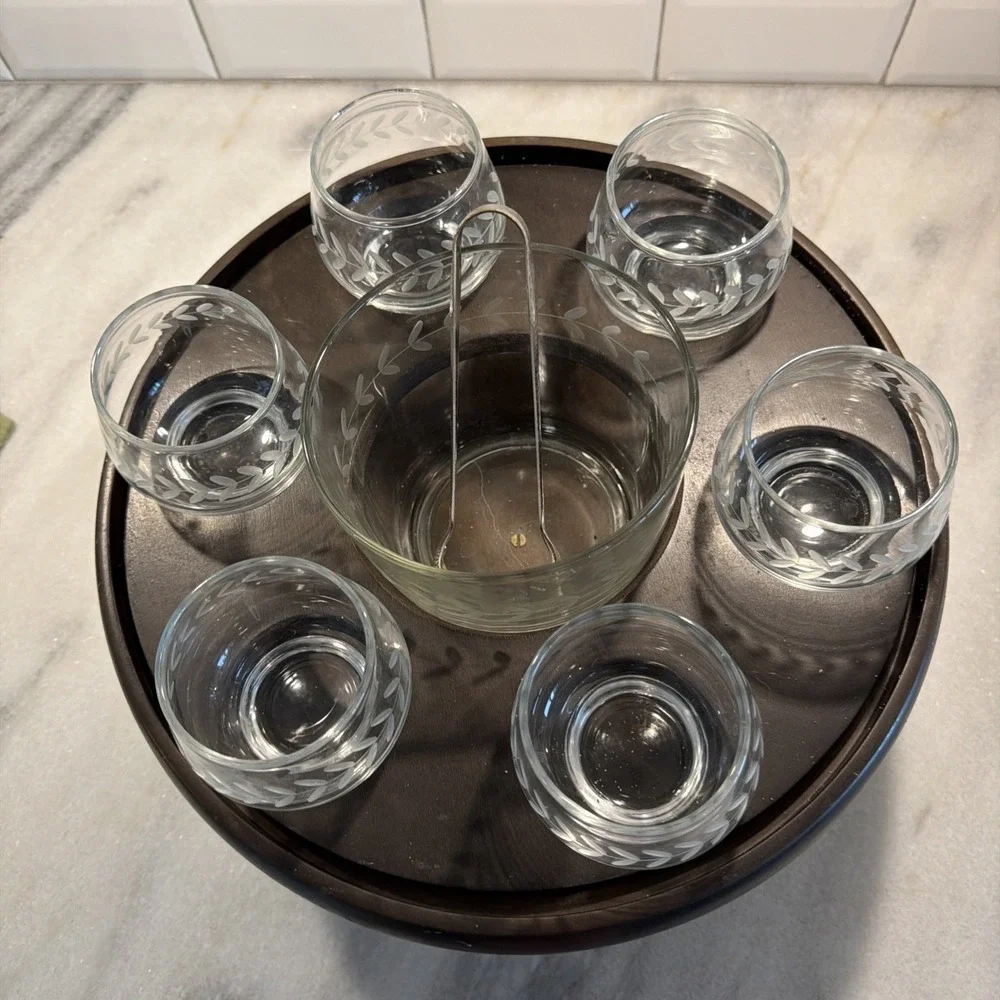 Vintage Unique Wood Lazy Susan Bar  Ice/glasses Holder 0021